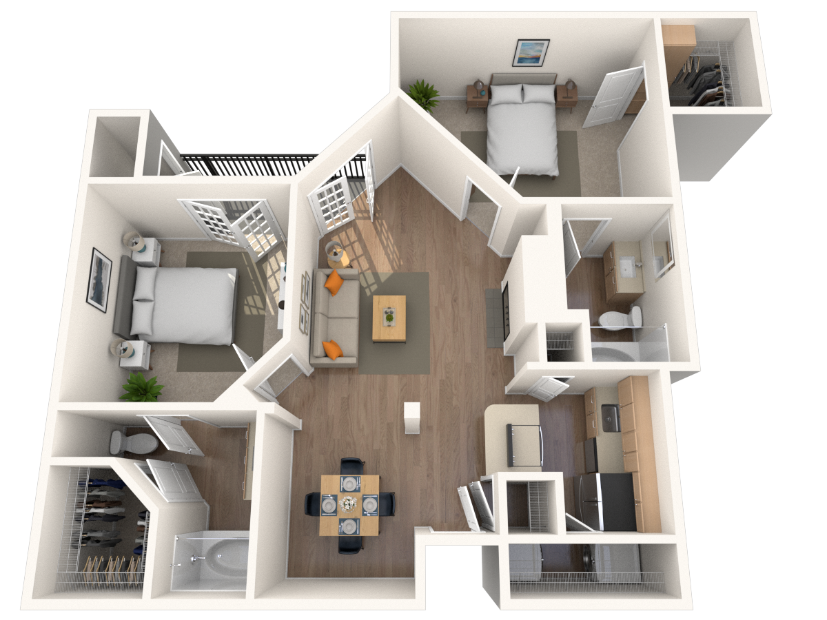 Floor plan for 2 beds, 2 baths, 1039 sqft